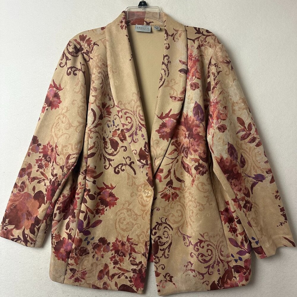 Susan Graver Graver Floral Damask Faux Suede Blazer Tan Burgundy 2XP Plus Petite